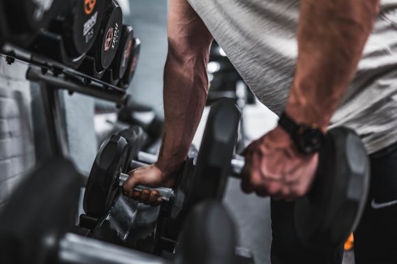 Exercise - person in gray shirt holding black dumbbell